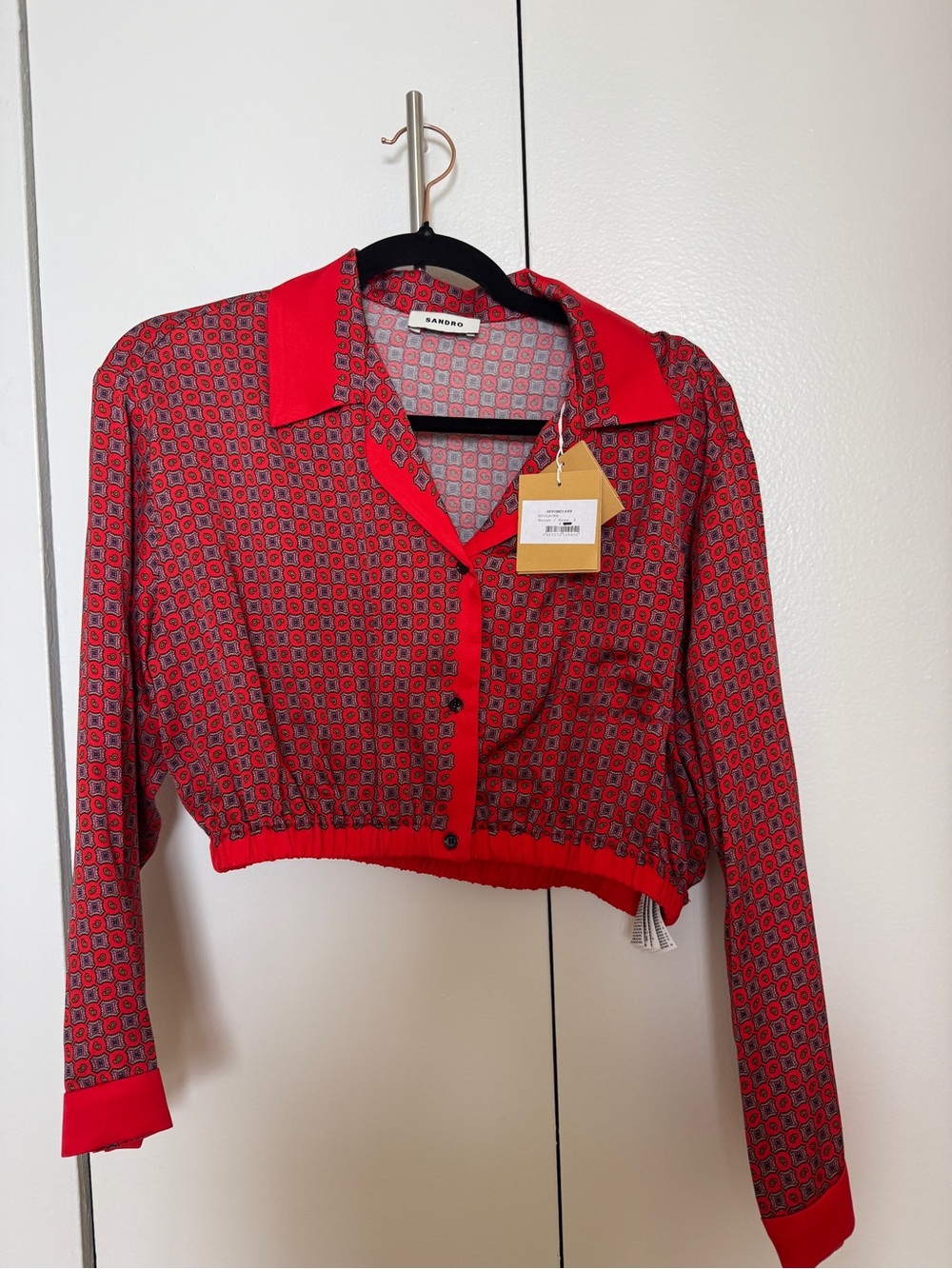 Sandro Red Patterned Cropped Button-Up Shirt NWT